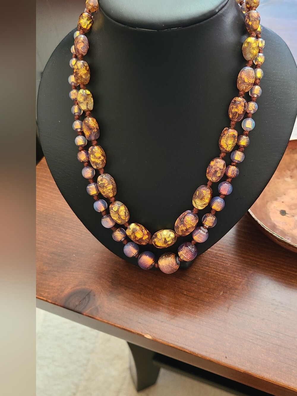 Glass Irridescent Gold Tone Beaded Double Strand Necklace 21" Long